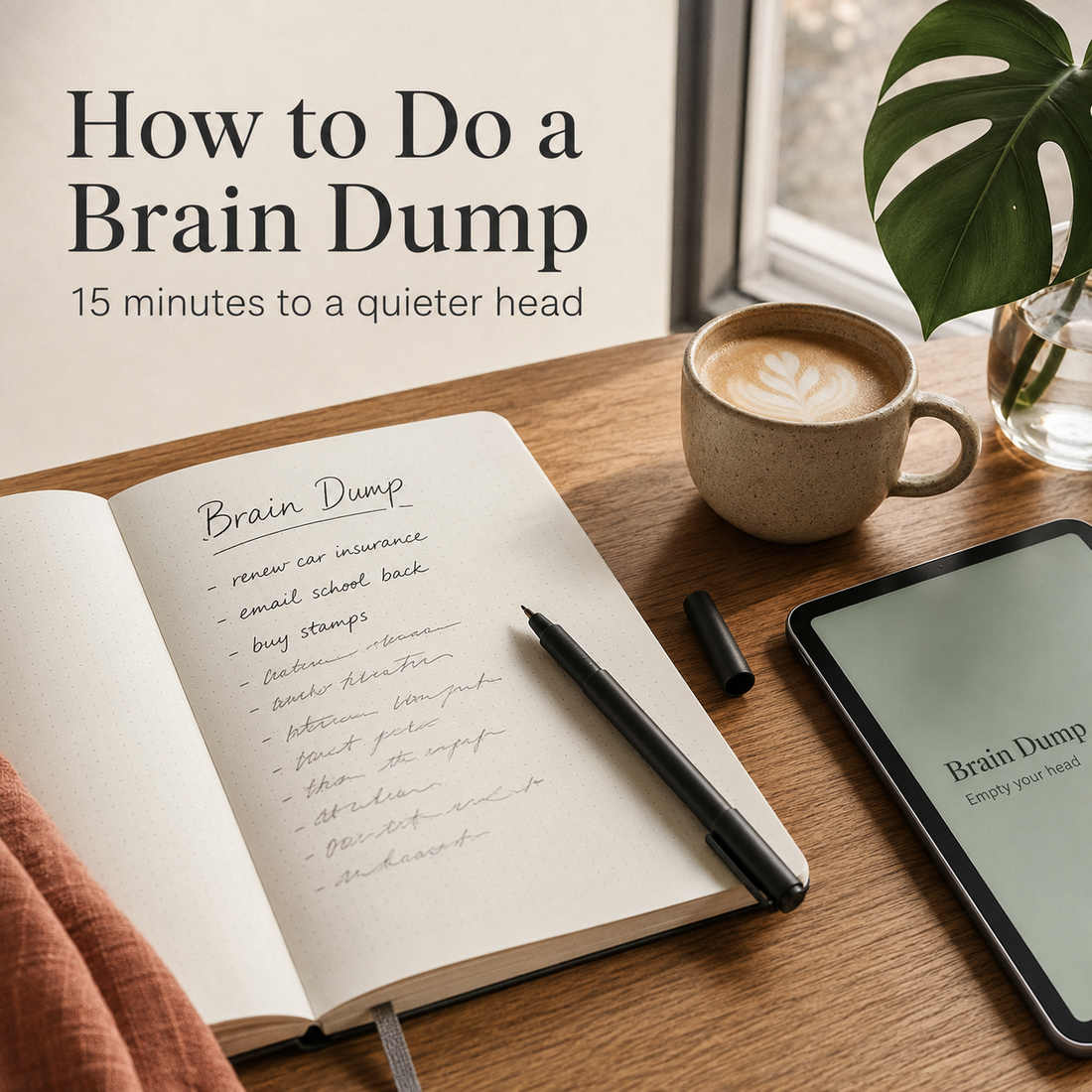 Open notebook with handwritten brain dump list beside a cup of coffee and a tablet on a calm wooden desk