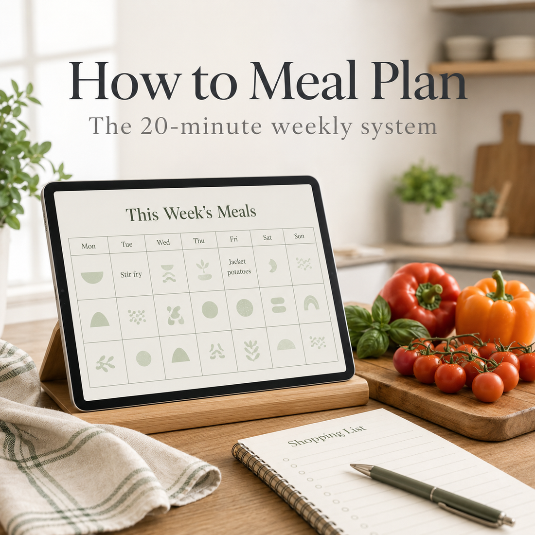 Weekly meal plan on a tablet beside fresh vegetables and a shopping list on a bright kitchen counter