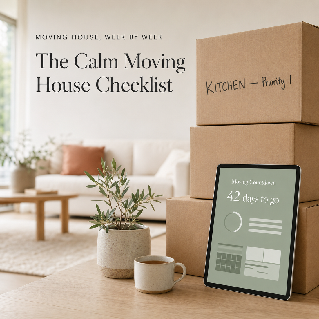 The Calm Moving House Checklist: labelled moving boxes and a digital countdown planner