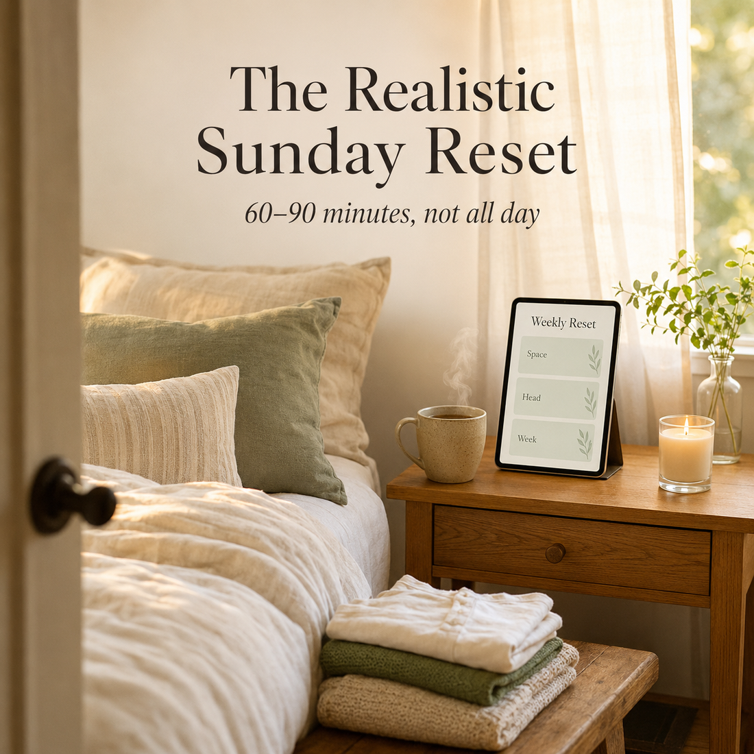 Calm Sunday reset scene with a weekly planner on a tablet, fresh bedding and a cup of tea in soft evening light