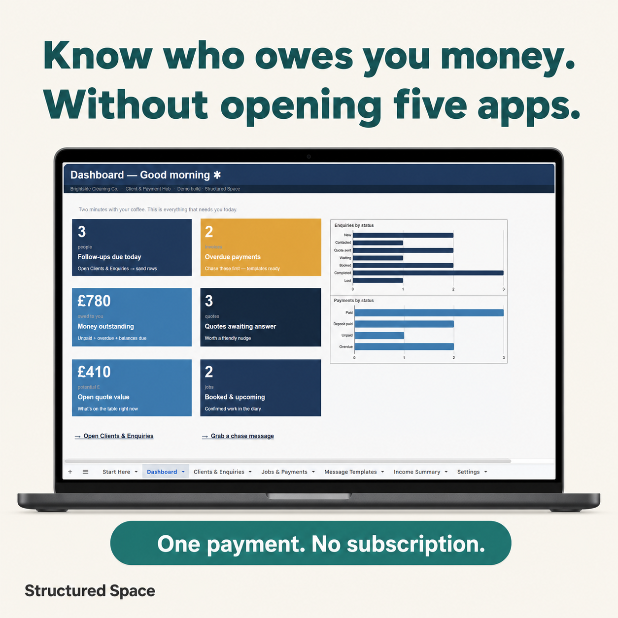 Cleaning Business Client & Payment Dashboard | One-Off Payment, No Subscription