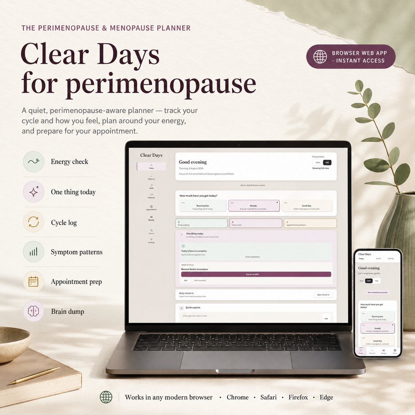 Clear Days Planner | Calm Browser-Based Daily Planner for Overwhelm, Brain Fog & Appointment Prep | Private, No Account
