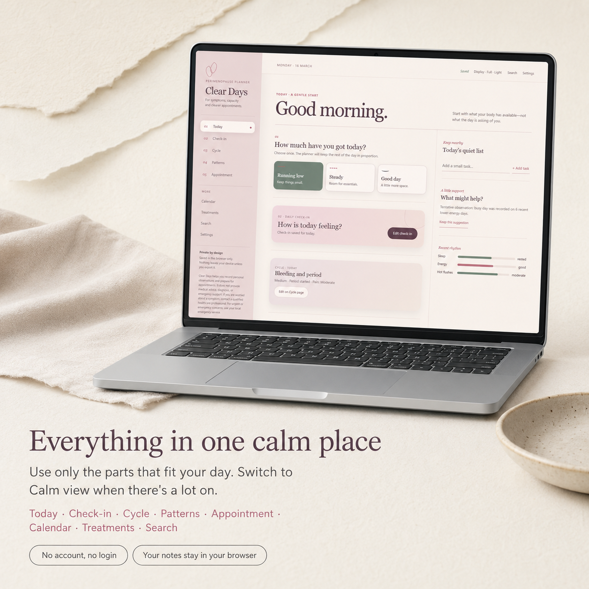 Clear Days Planner — Calm Browser Daily Planner for Overwhelm & Brain Fog | No Account, Private