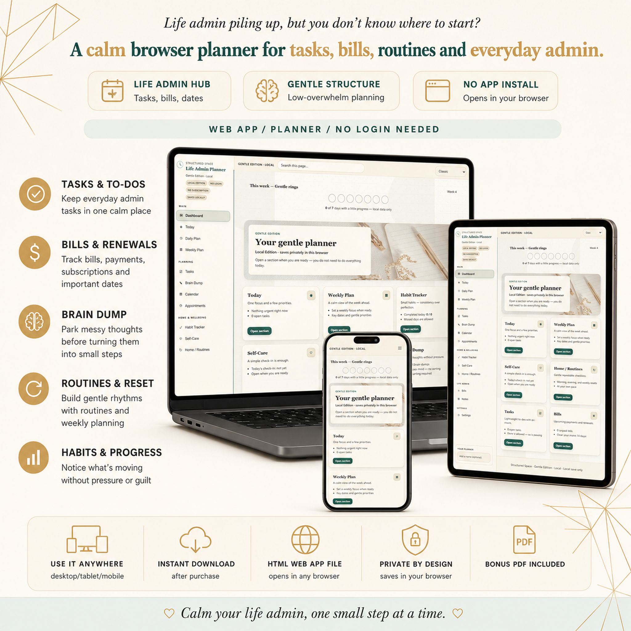 Life Admin Planner Gentle Edition — lighter, lower-overwhelm life admin dashboard