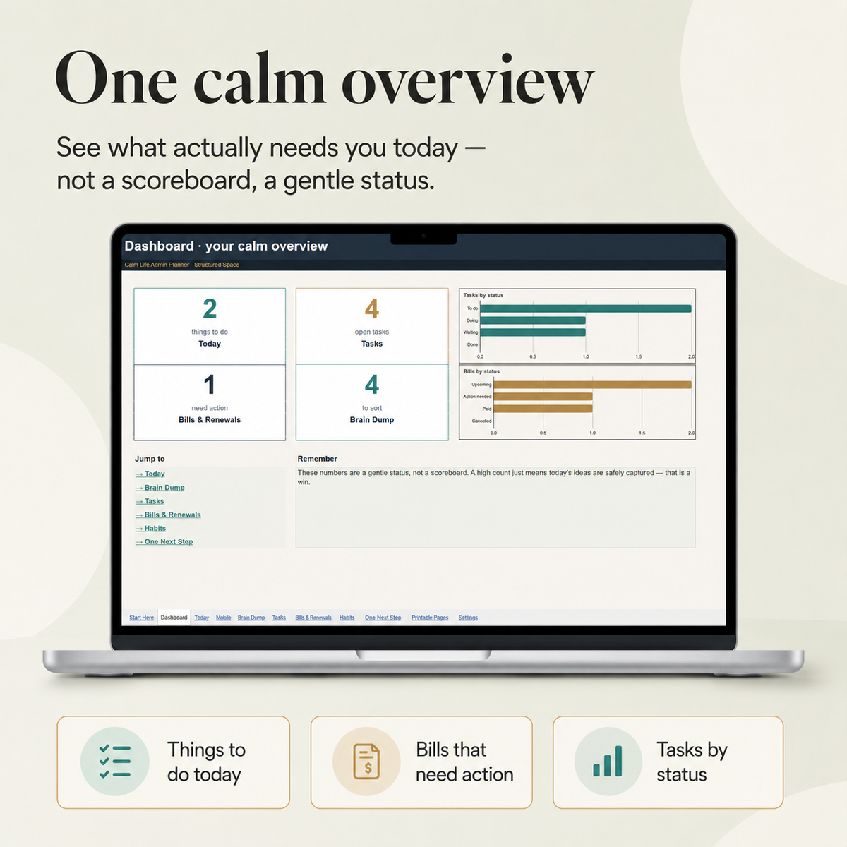 Calm Life Admin Planner for Google Sheets | Gentle, Comprehensive, Light & Dark