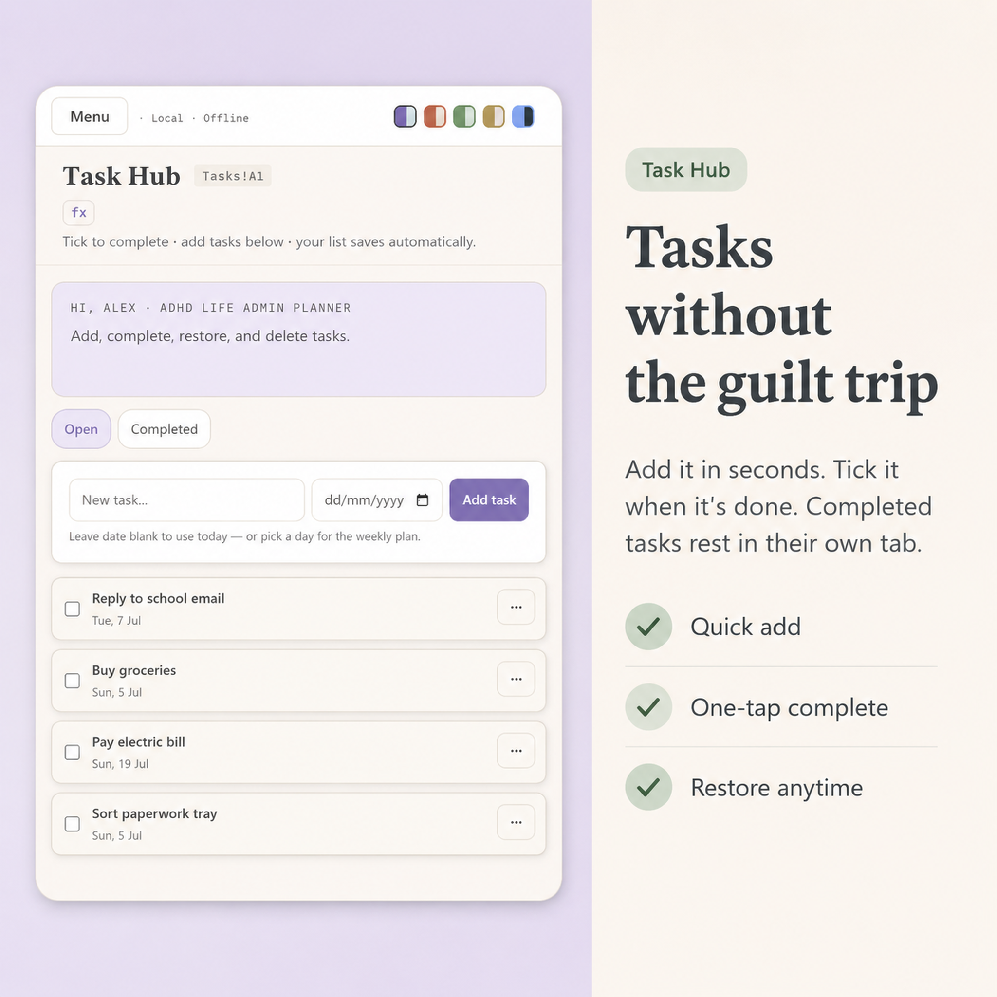 ADHD Life Admin Planner interface preview showing calm, low-overwhelm planner pages