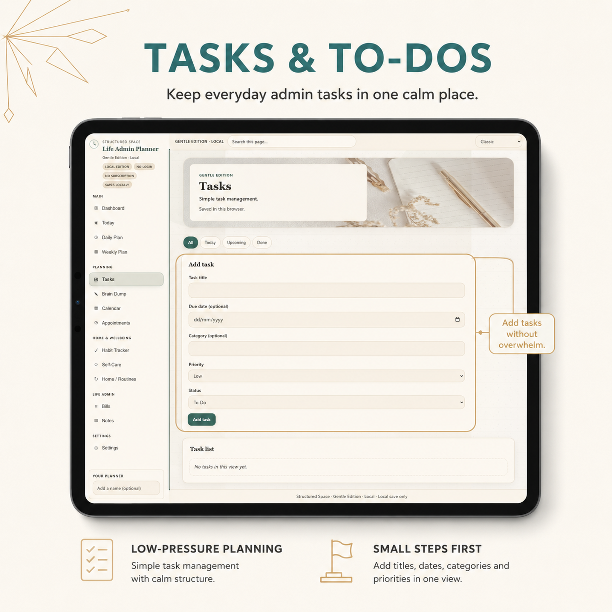Life Admin Planner — task organiser shown on a tablet, calm digital planner