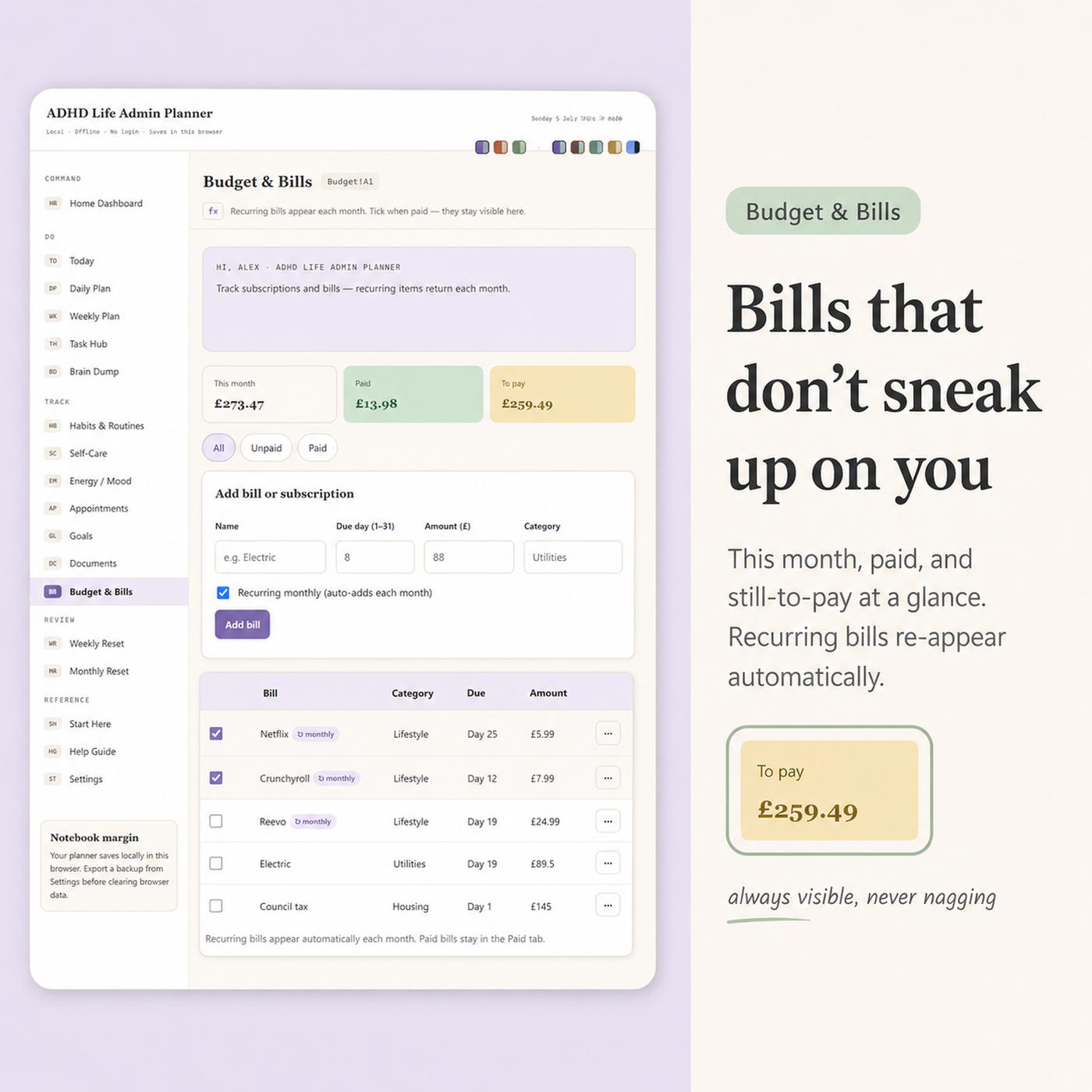 ADHD Life Admin Planner | Digital ADHD Planner for Tasks, Bills, Routines & Life Admin