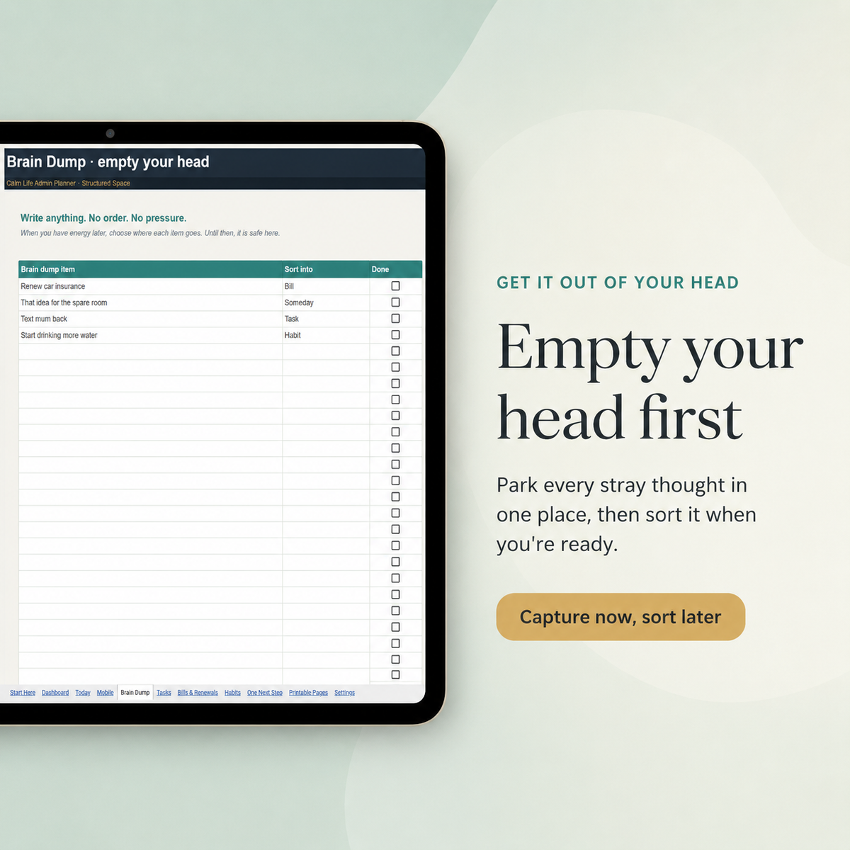Calm Life Admin Planner for Google Sheets | Gentle, Comprehensive, Light & Dark