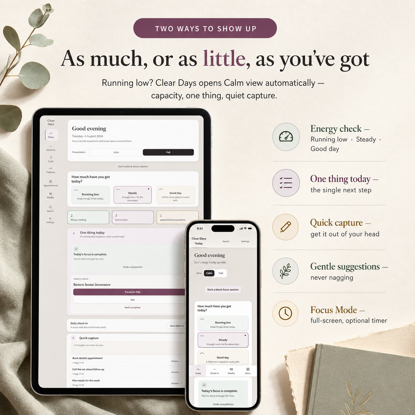 Clear Days Planner | Calm Browser-Based Daily Planner for Overwhelm, Brain Fog & Appointment Prep | Private, No Account