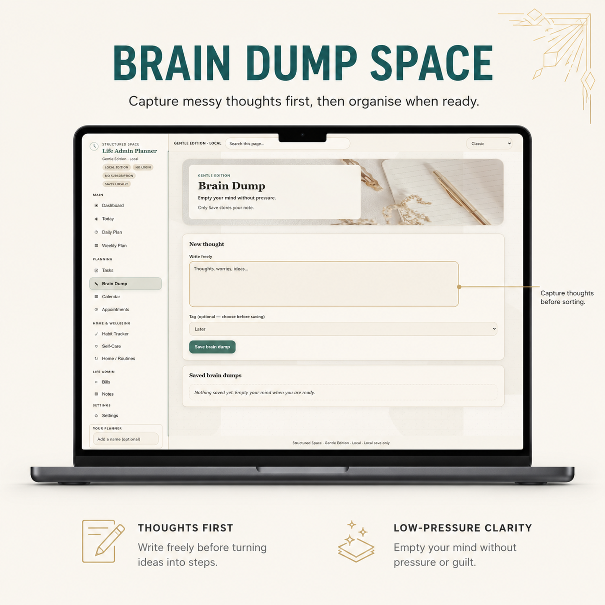 Life Admin Planner — brain dump and notes section shown on a laptop