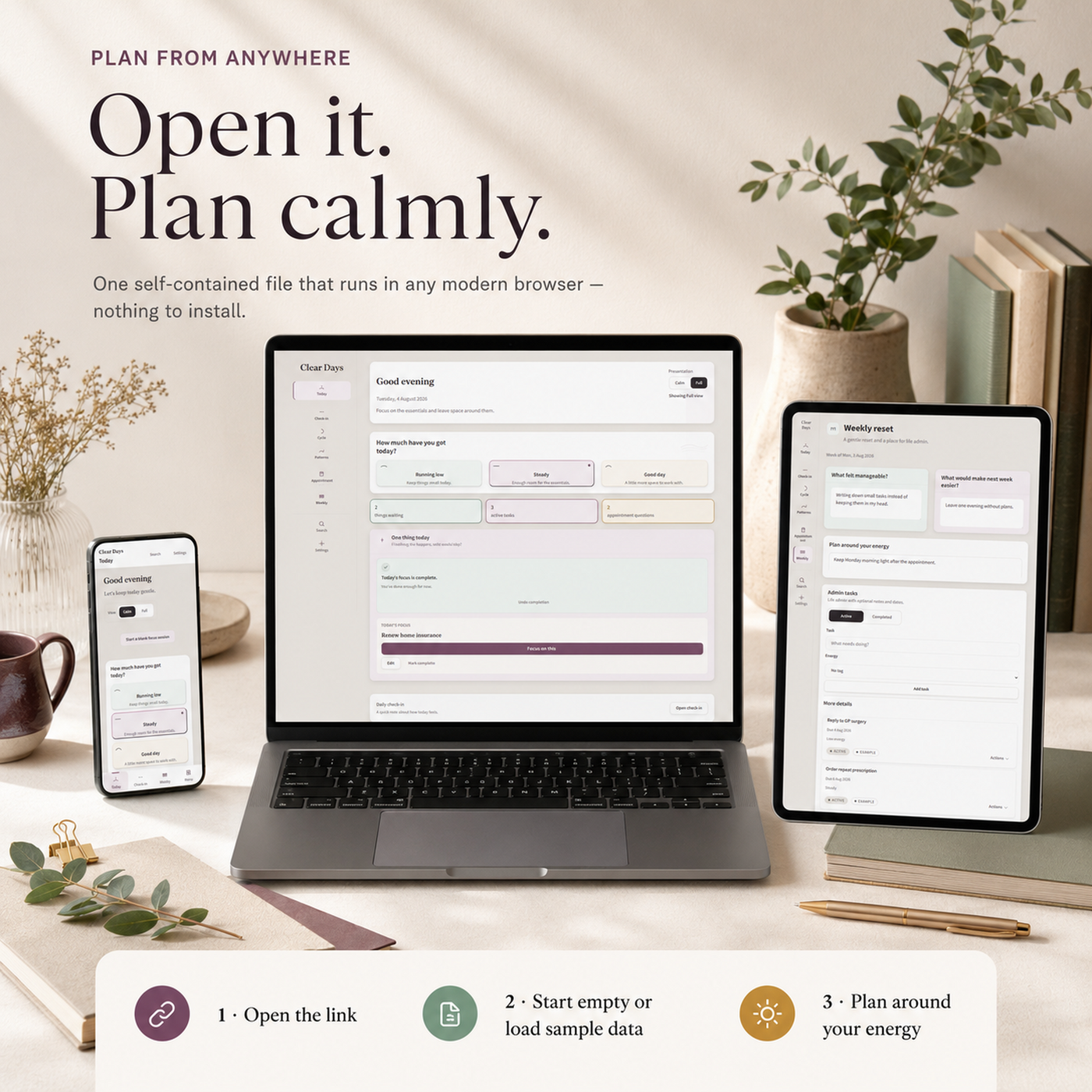 Clear Days Planner | Calm Browser-Based Daily Planner for Overwhelm, Brain Fog & Appointment Prep | Private, No Account