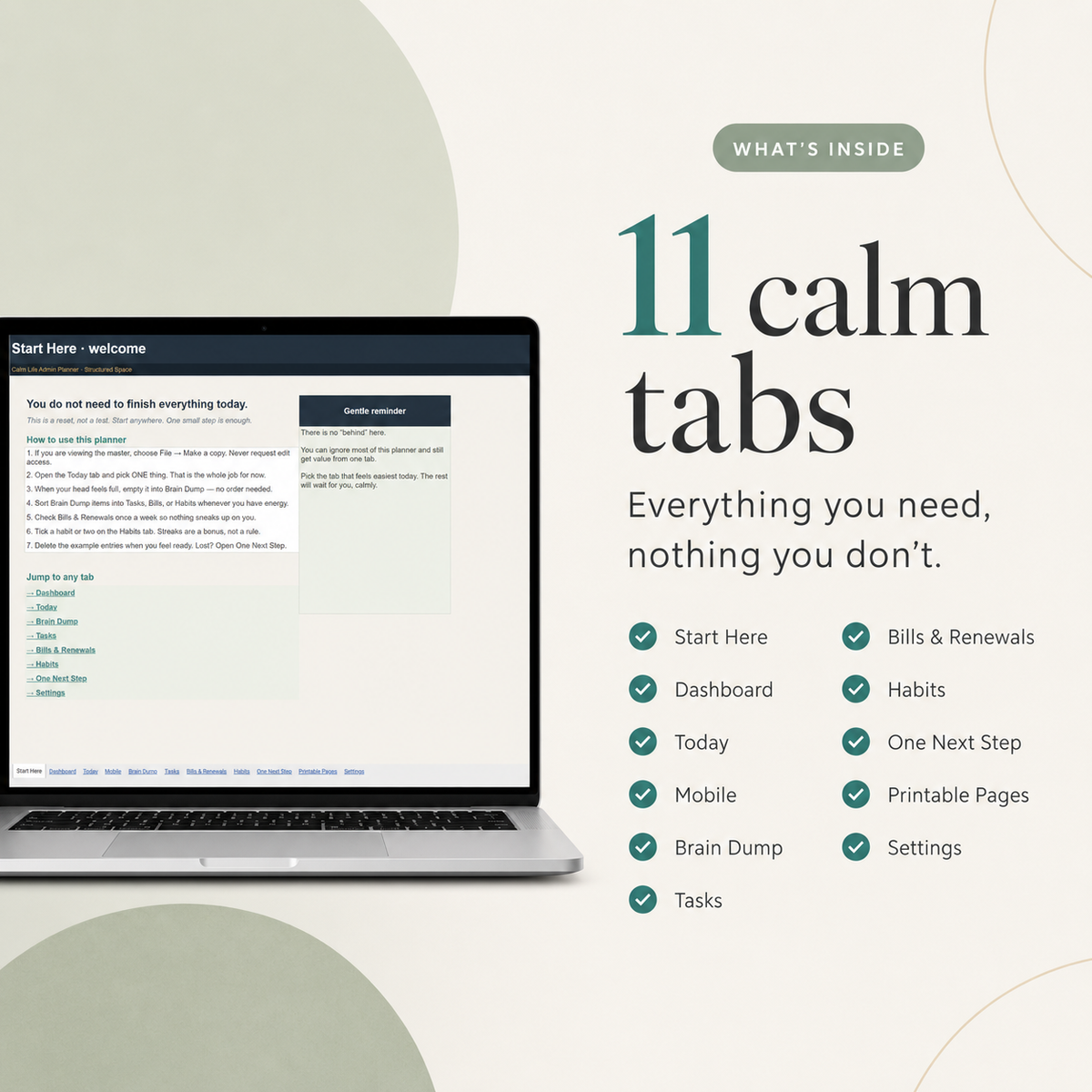 Calm Life Admin Planner for Google Sheets | Gentle, Comprehensive, Light & Dark