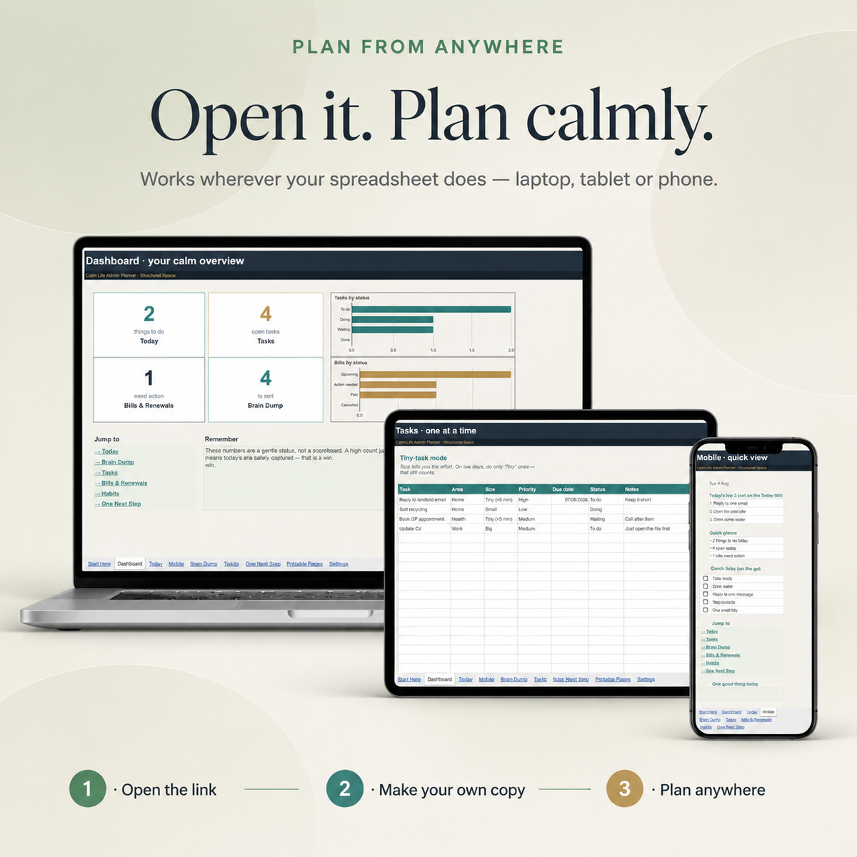 Calm Life Admin Planner for Google Sheets | Gentle, Comprehensive, Light & Dark