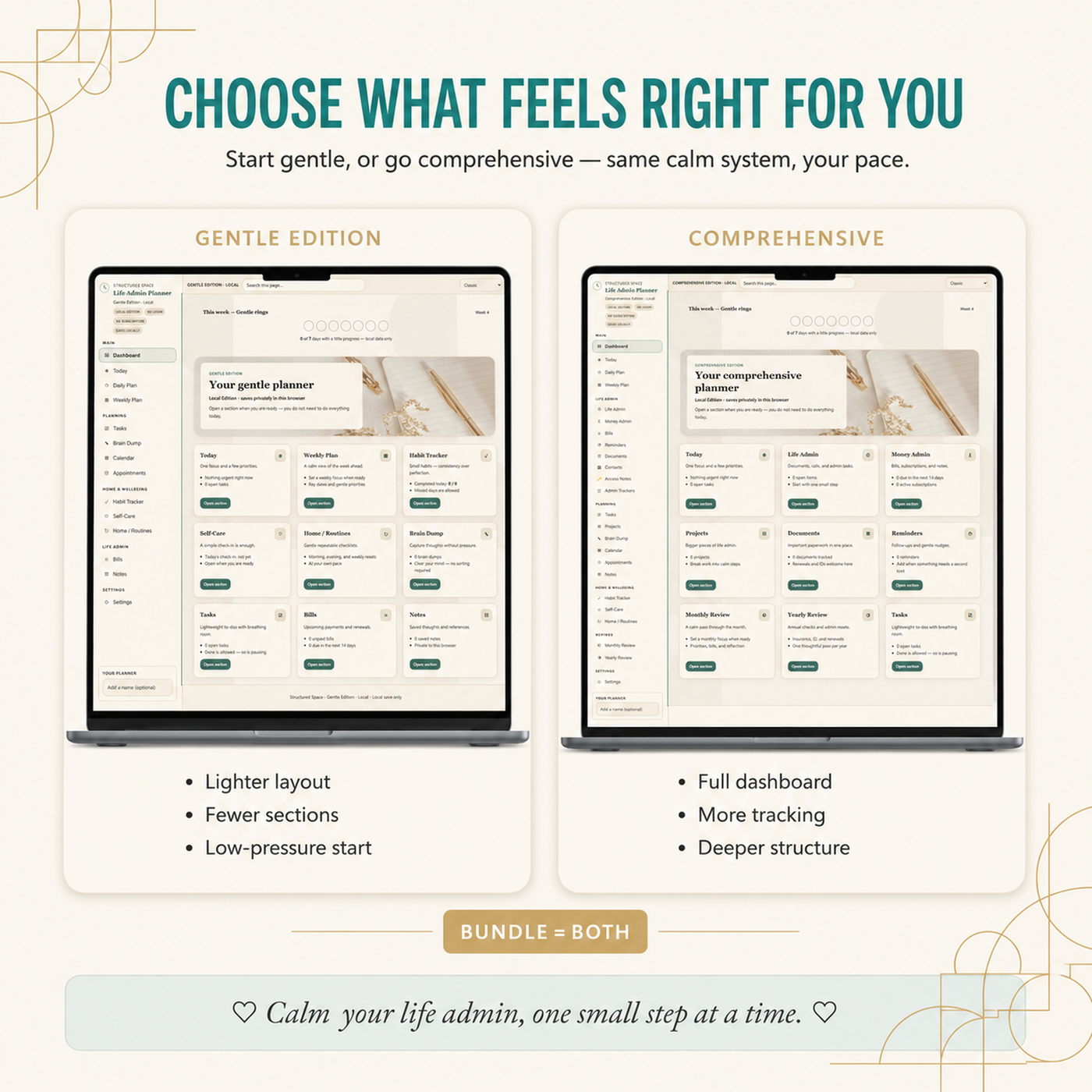 Life Admin Planner — Gentle vs Comprehensive edition comparison