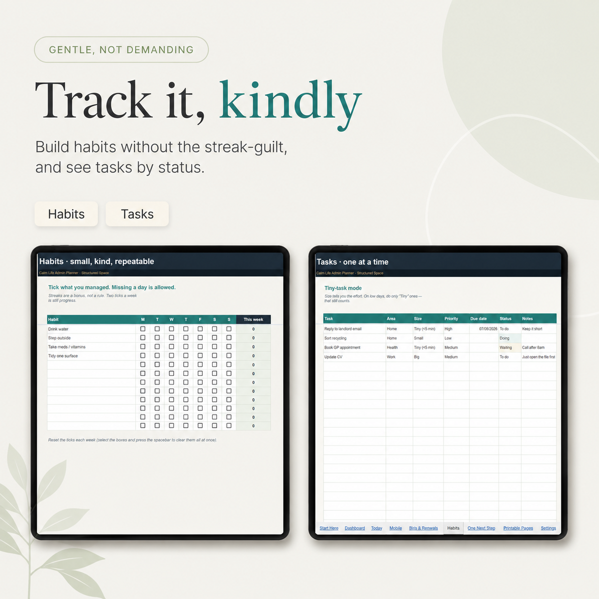 Calm Life Admin Planner for Google Sheets | Gentle, Comprehensive, Light & Dark