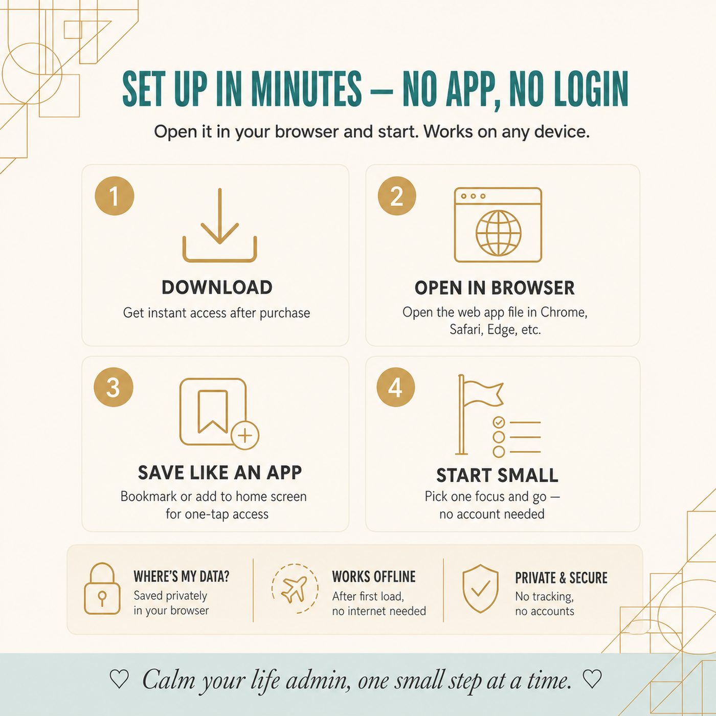 Life Admin Planner — set up in minutes with no login or subscription