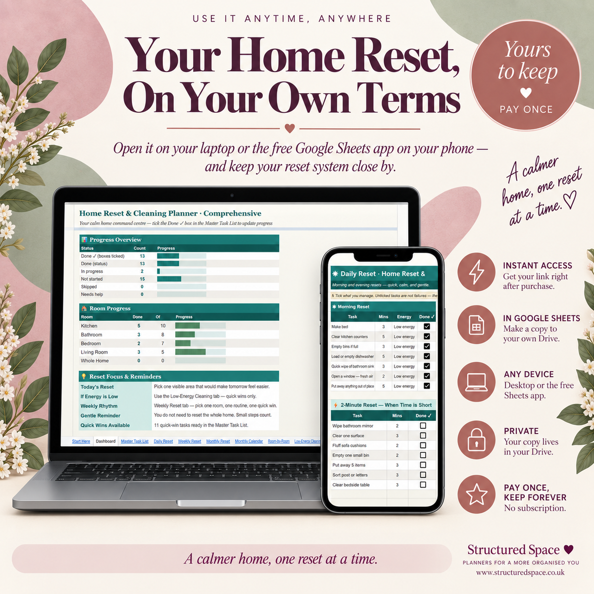 Home Reset and Cleaning Google Sheets Planner cleaning supplies and home maintenance tracking
