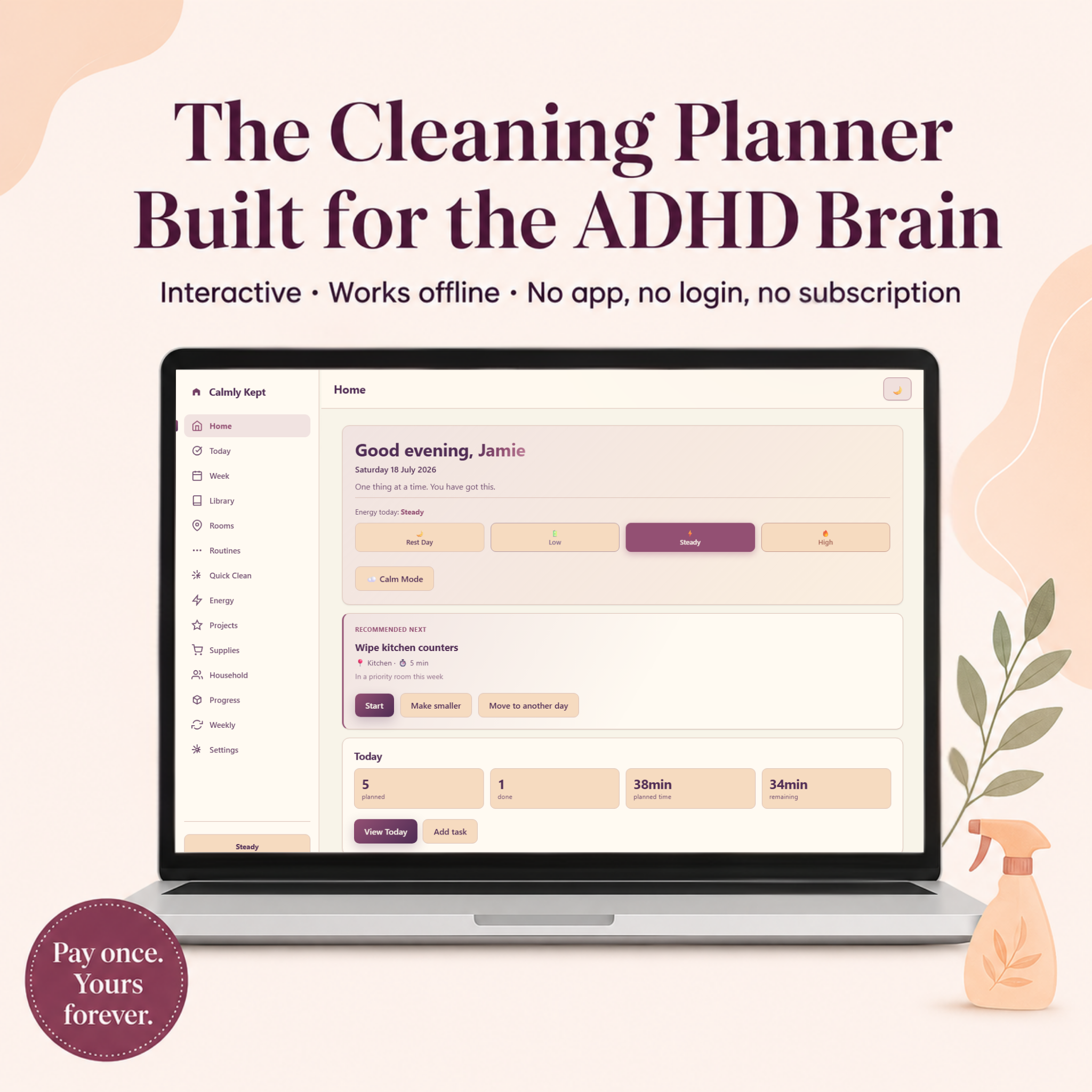 Calmly Kept ADHD cleaning planner shown on a laptop — an interactive home reset planner that works offline with no app, login or subscription