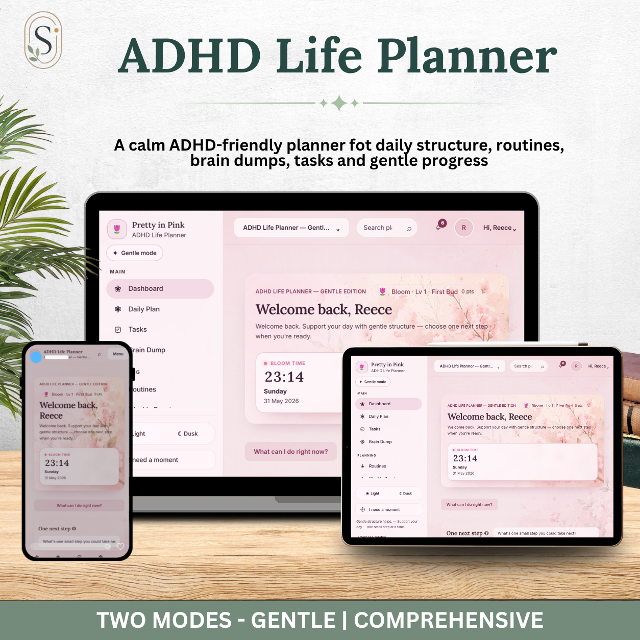 ADHD Life Planner — Pretty in Pink Theme Interactive Dashboard Planner