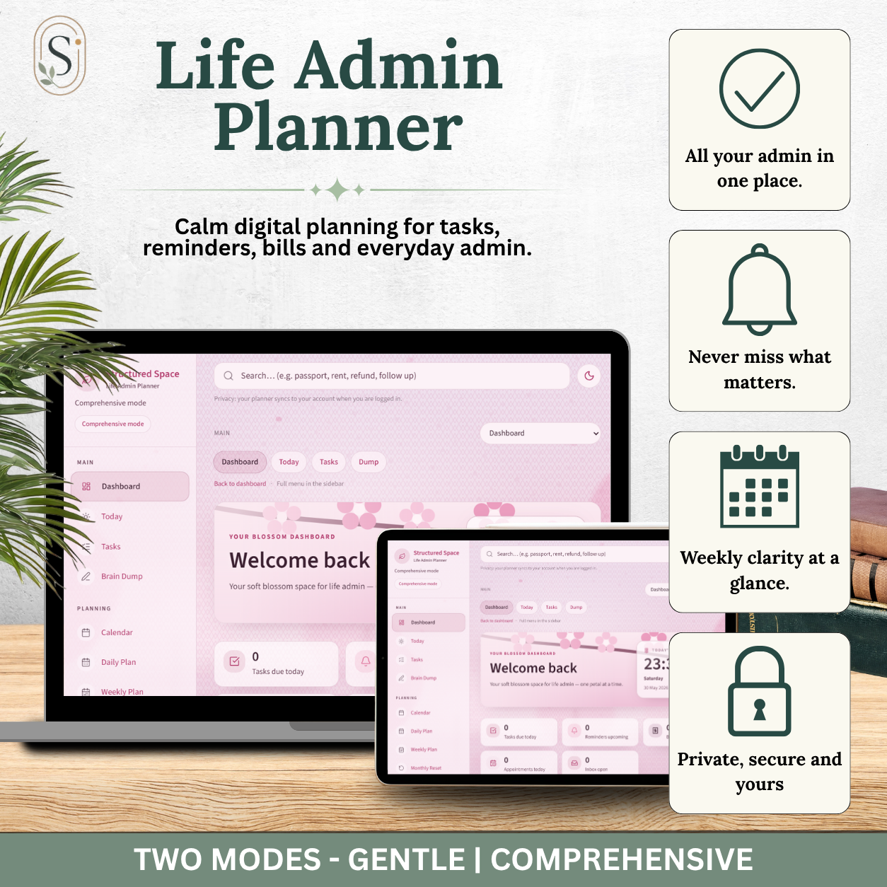 Pretty in Pink Theme Life Admin Planner — Interactive Dashboard Planner