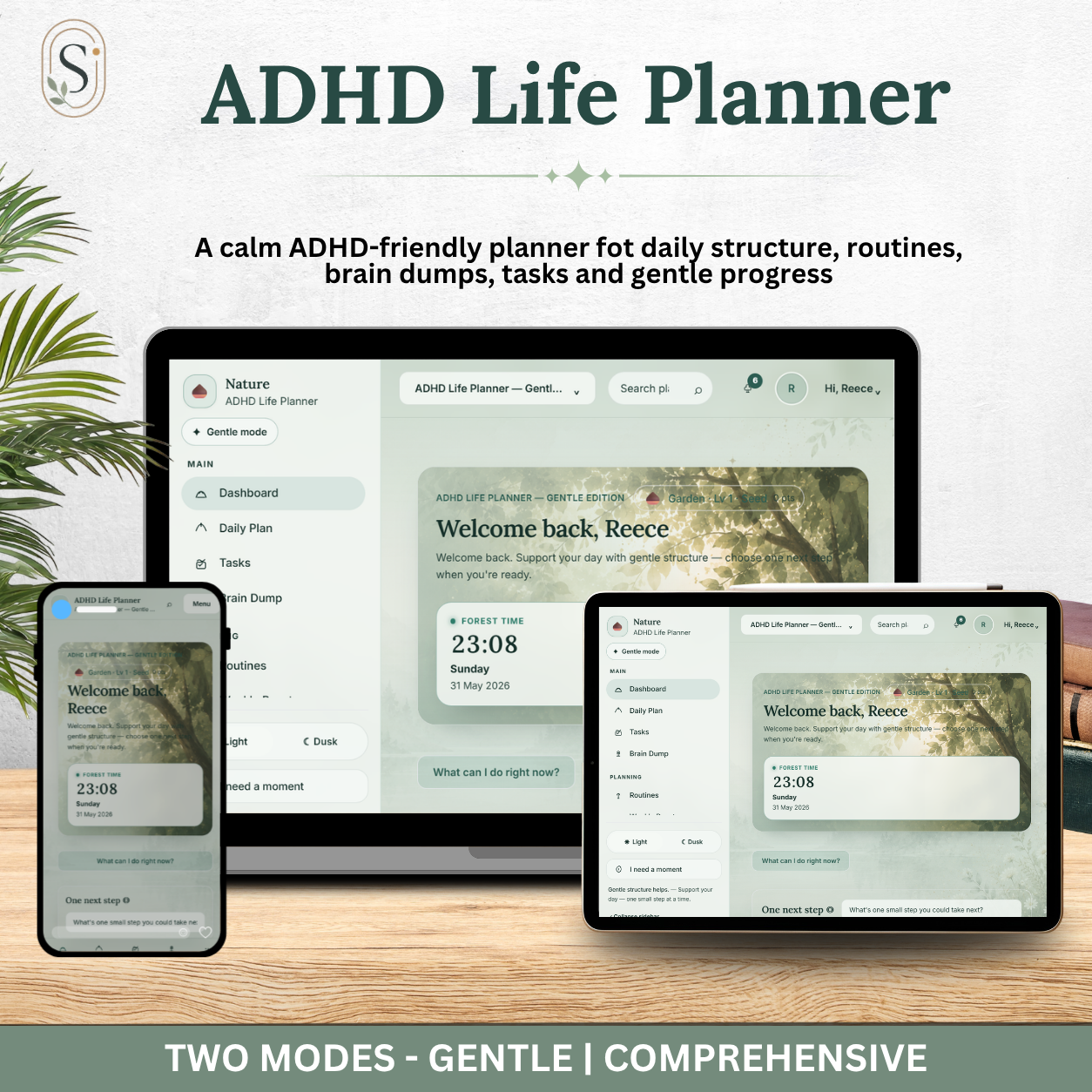 ADHD Life Planner — Nature Theme Interactive Dashboard Planner