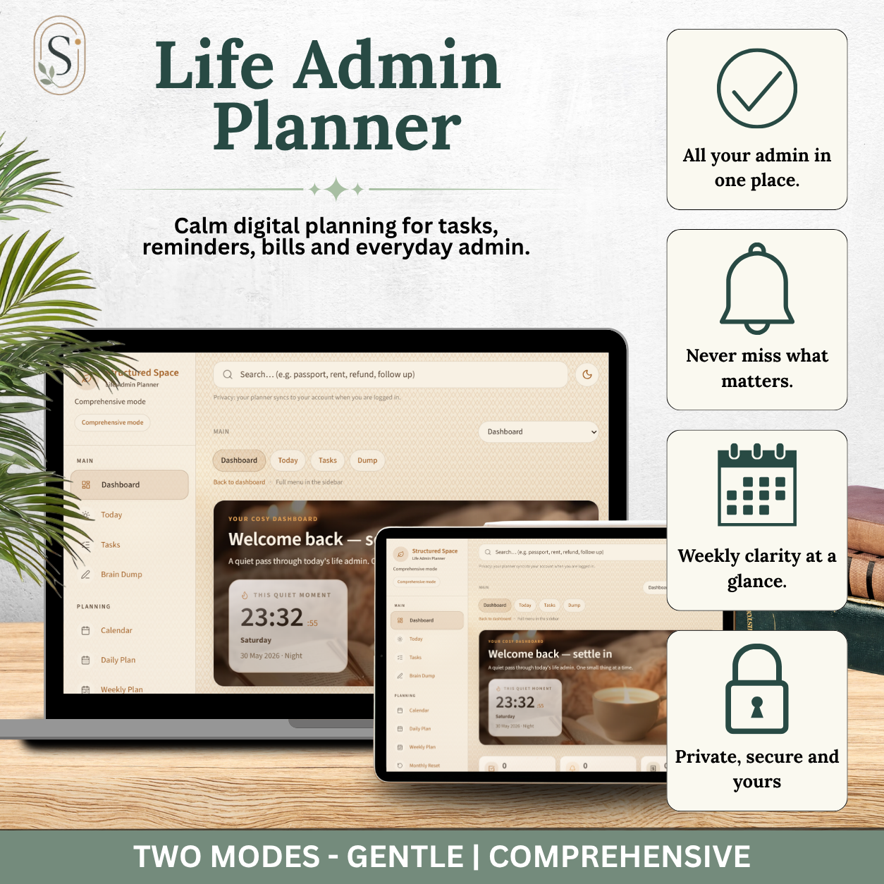 Cosy Glow Theme Life Admin Planner — Interactive Dashboard Planner