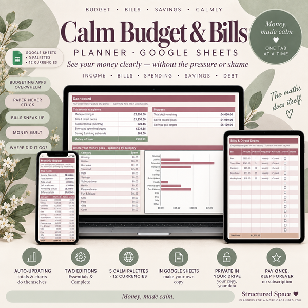 Calm Budget & Bills Planner | Google Sheets Budget & Bill Tracker for Neurodivergent Adults | Essentials & Complete Editions