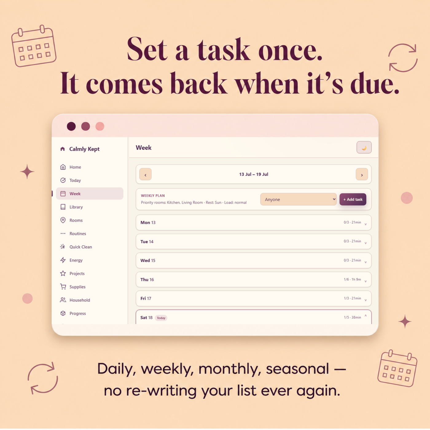 The pain of ADHD cleaning — printables you never print and schedules abandoned by Tuesday, solved by Calmly Kept
