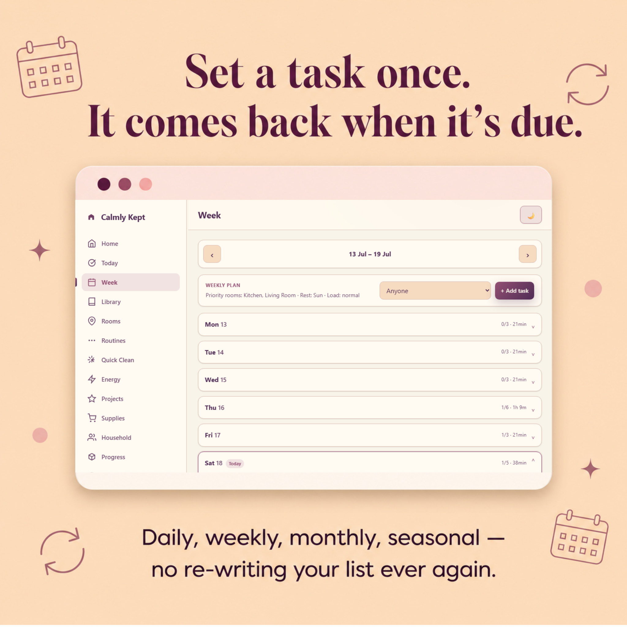 The pain of ADHD cleaning — printables you never print and schedules abandoned by Tuesday, solved by Calmly Kept