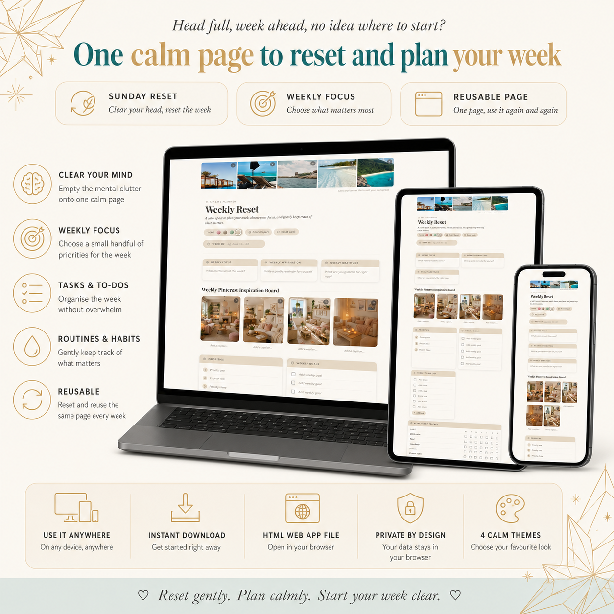 Weekly Reset Planner | Reusable Single-Page Digital Web Planner