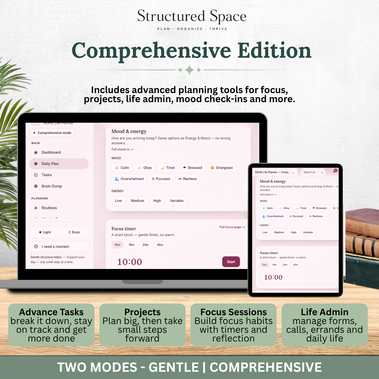ADHD Life Planner — Pretty in Pink Theme Interactive Dashboard Planner
