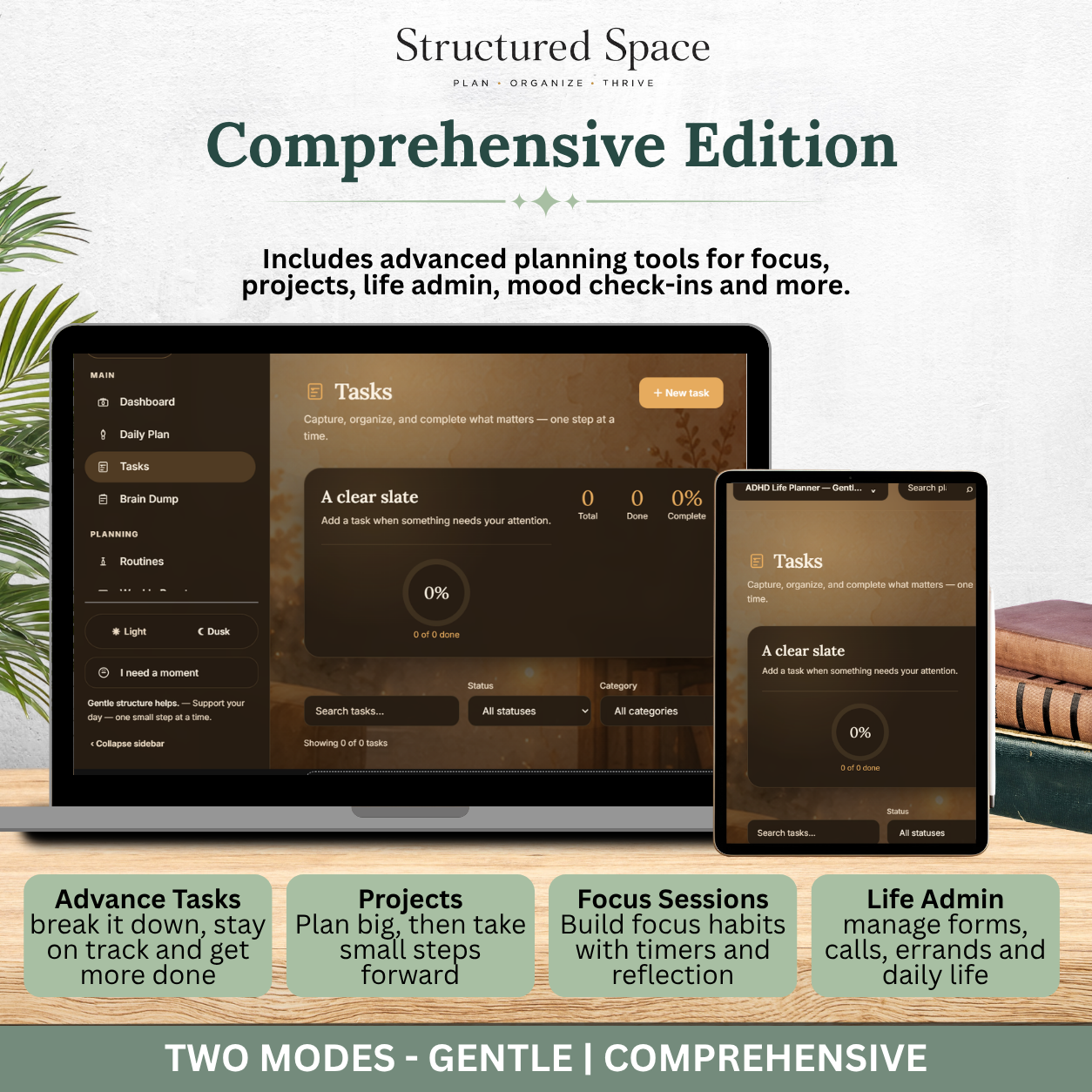 ADHD Life Planner — Cosy Glow Theme Interactive Dashboard Planner