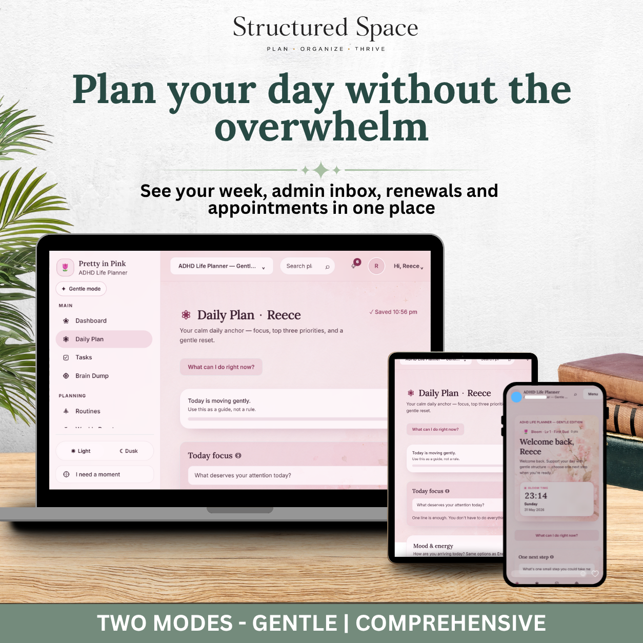 ADHD Life Planner — Pretty in Pink Theme Interactive Dashboard Planner