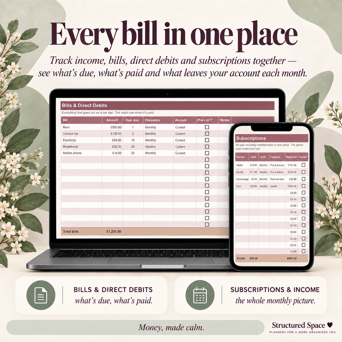 Calm Budget & Bills Planner | Google Sheets Budget & Bill Tracker for Neurodivergent Adults | Essentials & Complete Editions