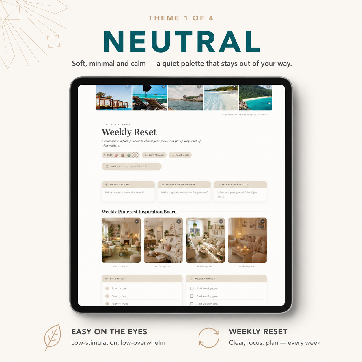 Weekly Reset Planner | Reusable Single-Page Digital Web Planner