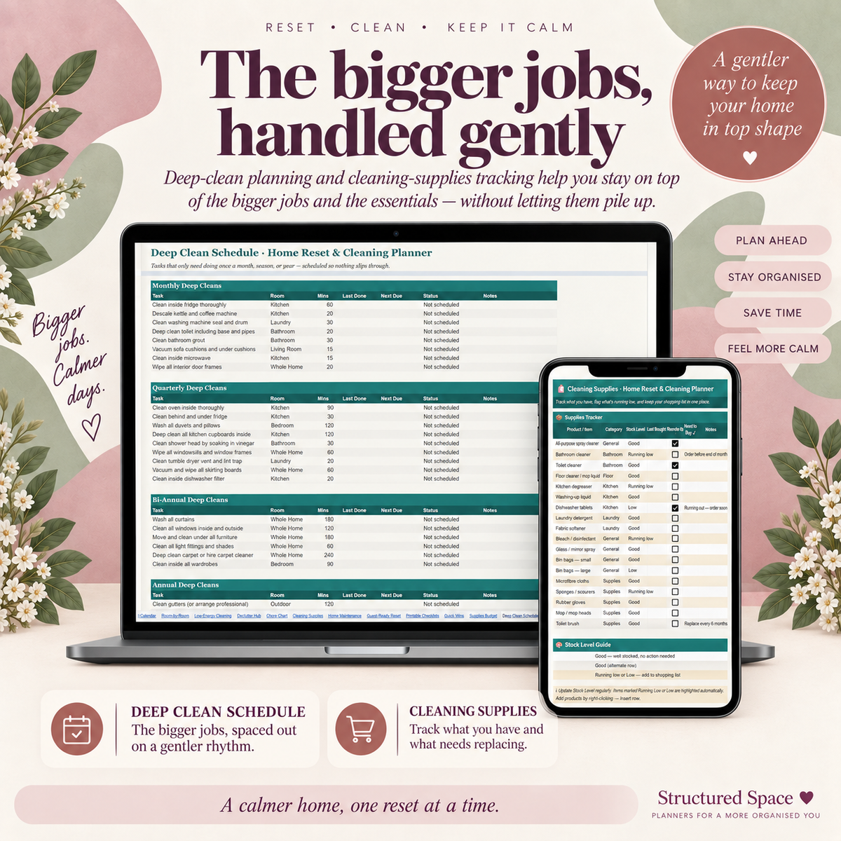 Home Reset and Cleaning Google Sheets Planner master task list and dashboard