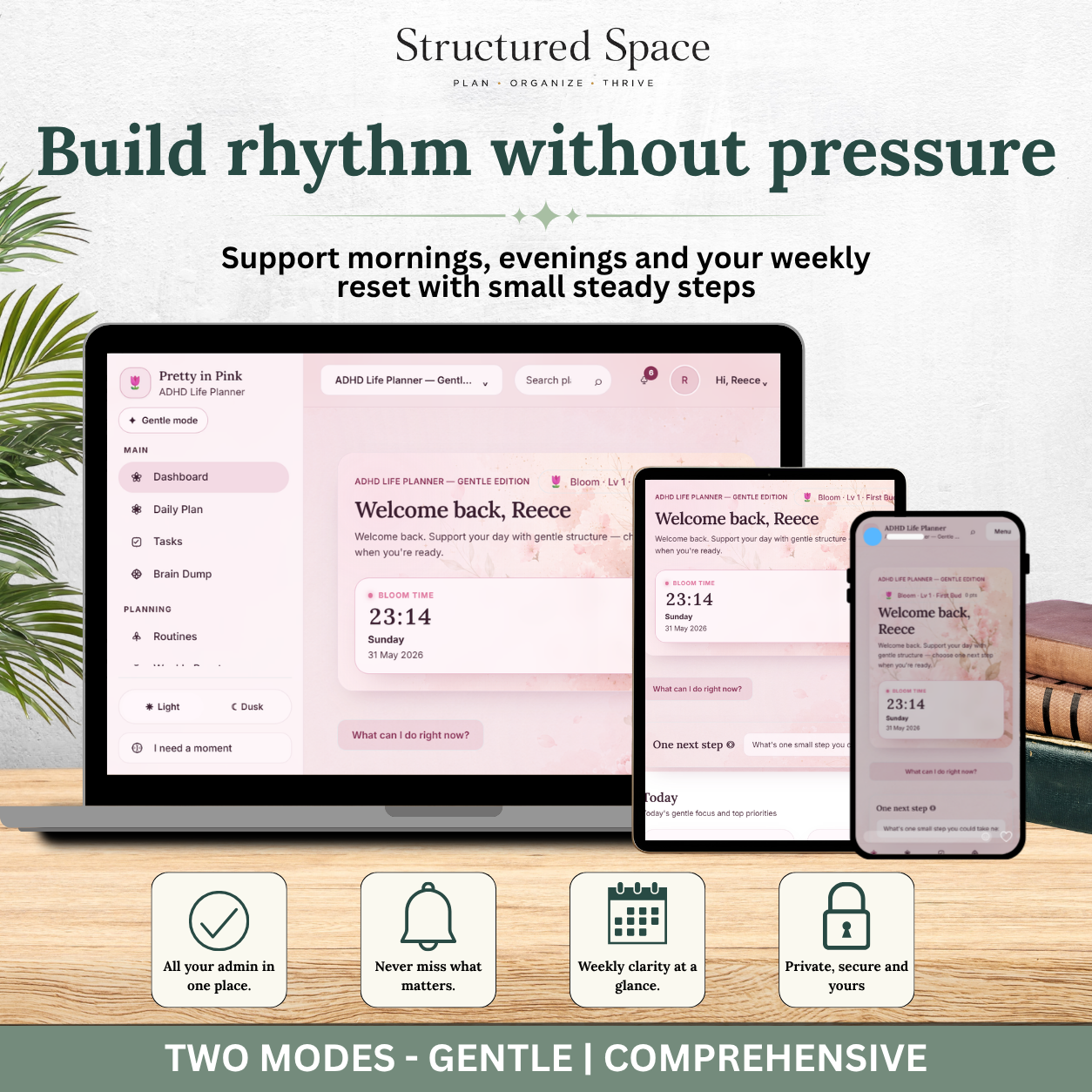 ADHD Life Planner — Pretty in Pink Theme Interactive Dashboard Planner