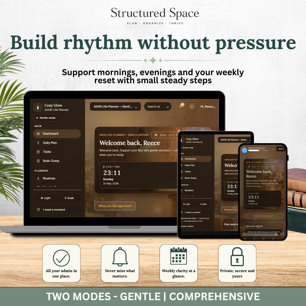 ADHD Life Planner — Cosy Glow Theme Interactive Dashboard Planner