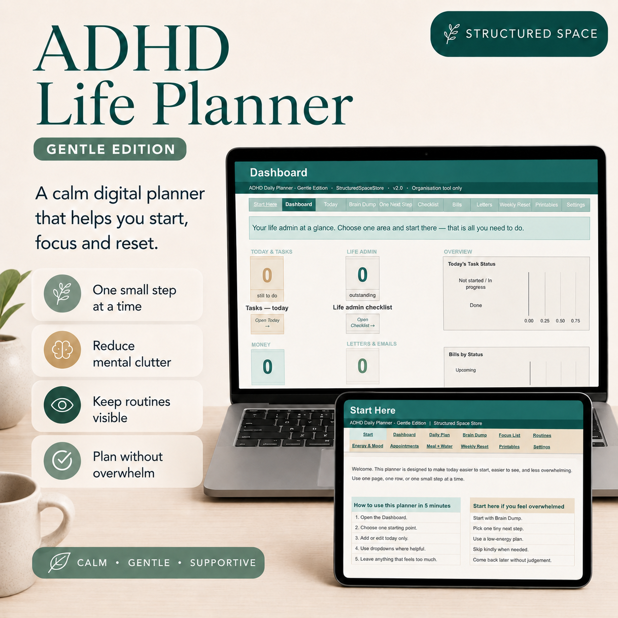 ADHD Life Planner Google Sheets by Structured Space — ADHD-friendly planner for adults with gentle and comprehensive editions
