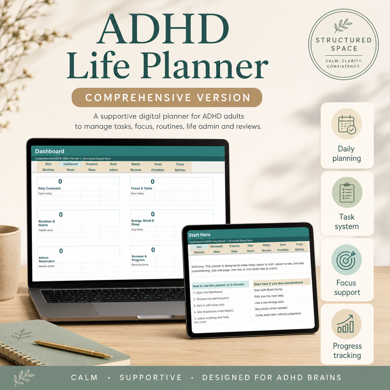 ADHD Life Planner Google Sheets — daily planner pages with flexible structure for ADHD adults