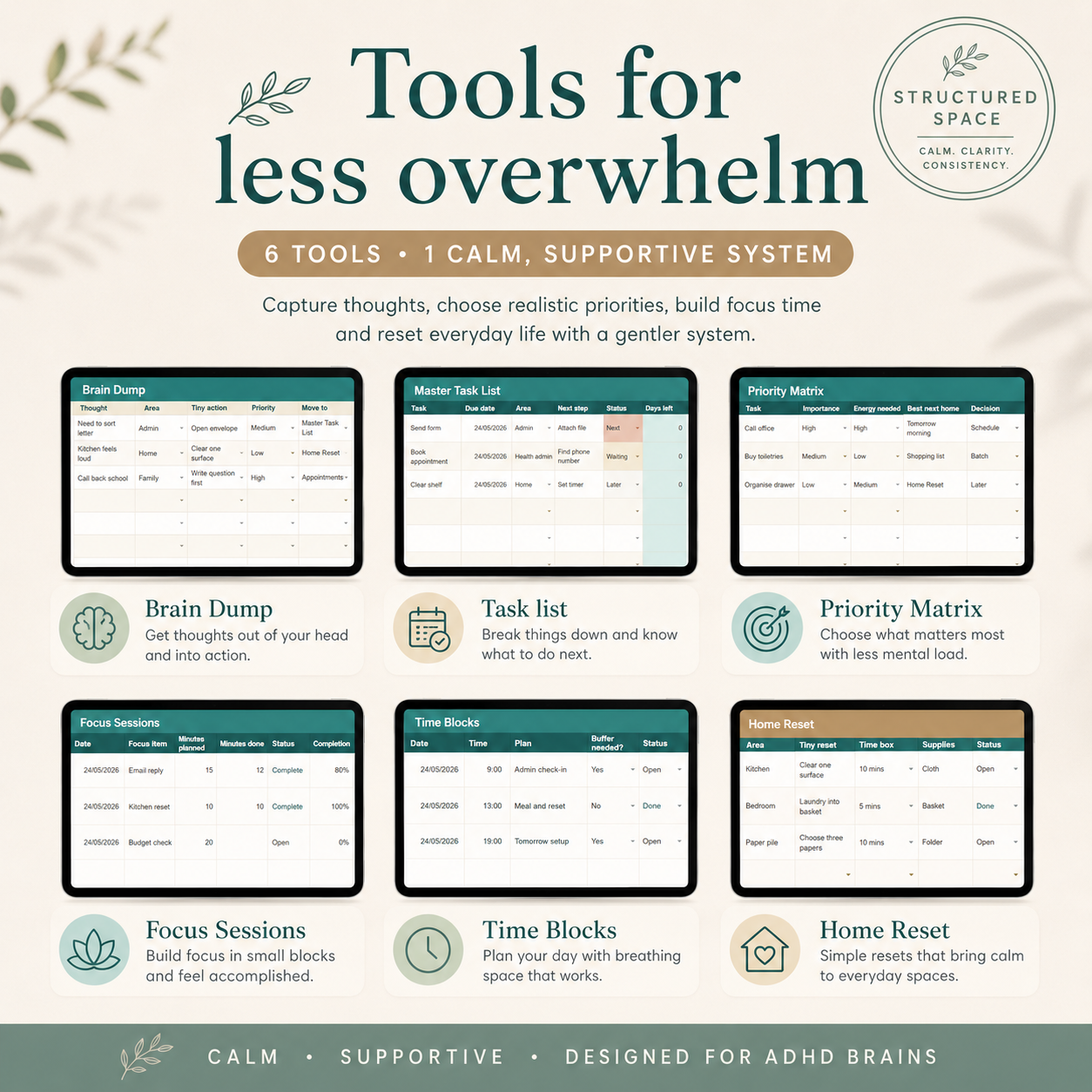 ADHD Life Planner Google Sheets — weekly reset planner with calm, low-friction design