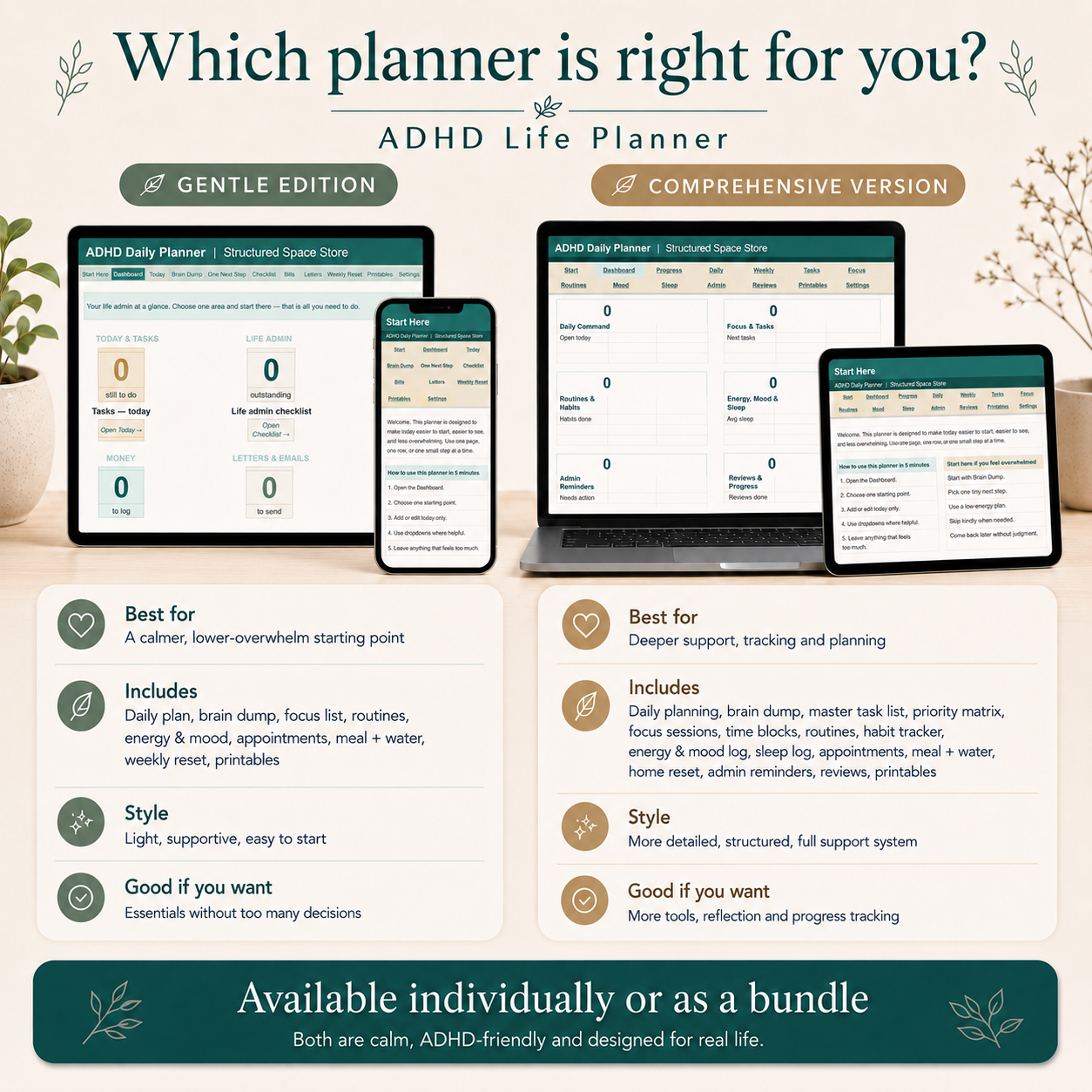 ADHD Life Planner Google Sheets — calm planner for executive function support, habit tracking, and everyday life admin