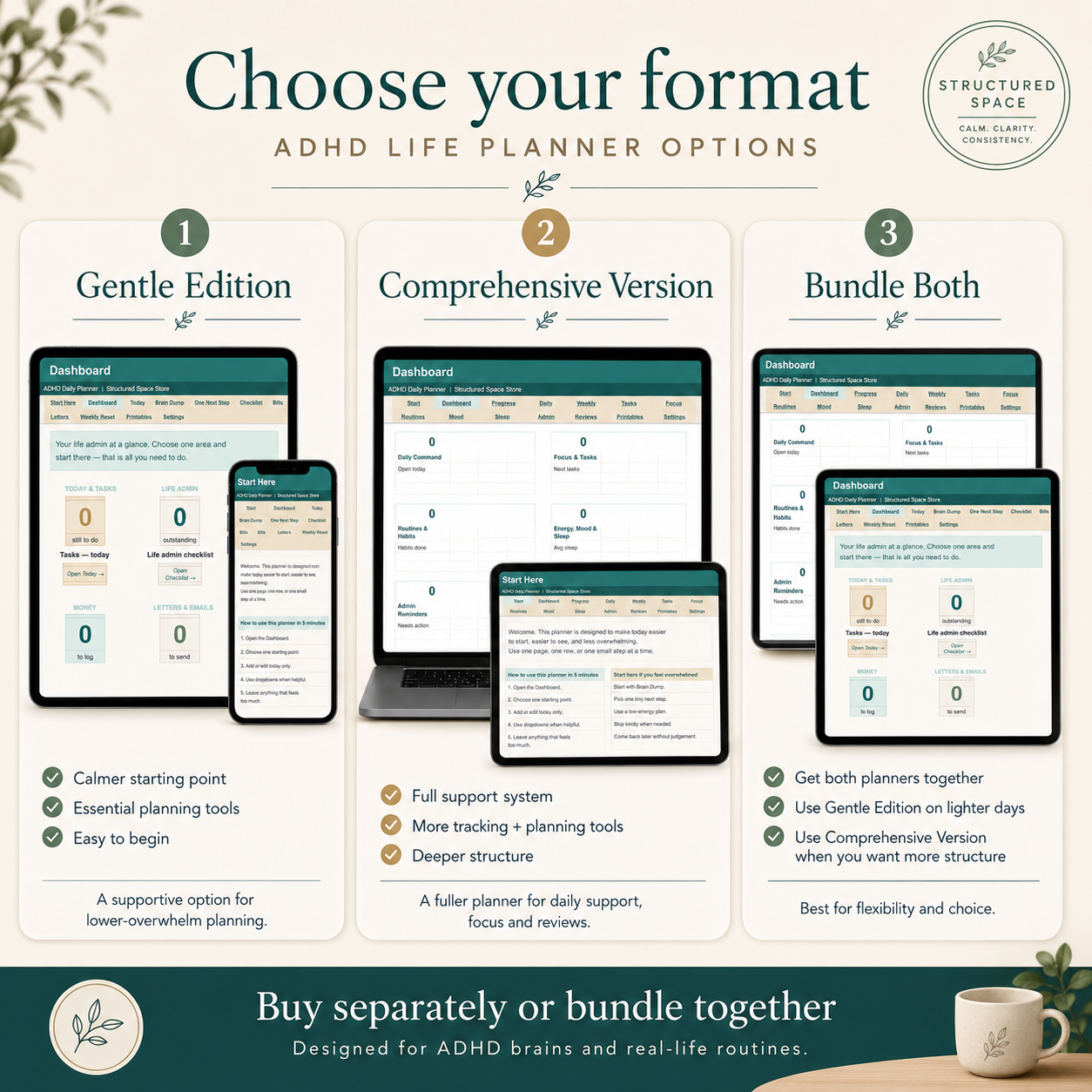 ADHD Life Planner Google Sheets by Structured Space — ADHD-friendly digital planner for adults with gentle structure and flexible planning pages