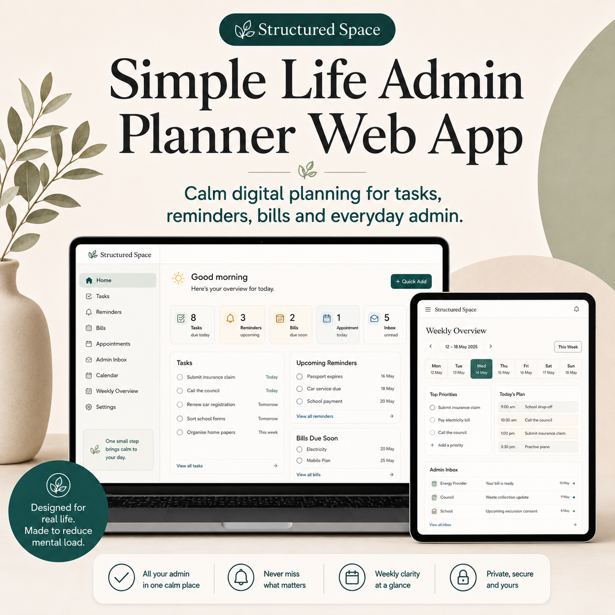 Simple Life Admin Planner Web App by Structured Space — calm digital planner for tasks, bills, and everyday life admin