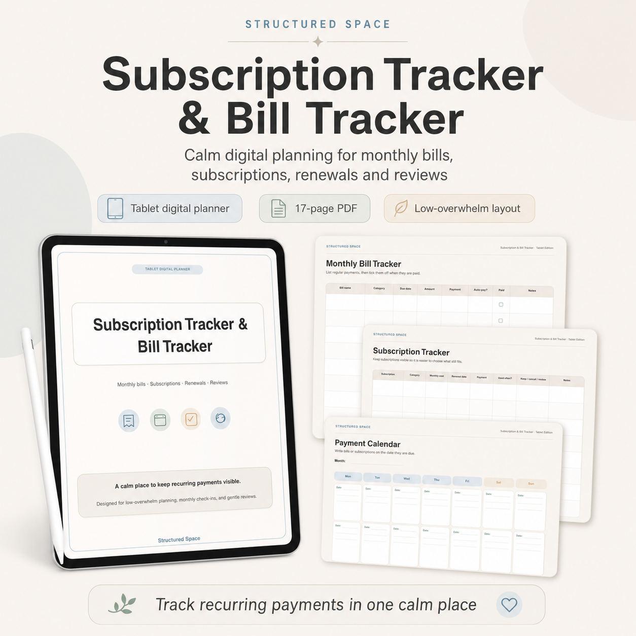Bills & Subscription Tracker by Structured Space — printable and digital planner for bills, renewals, and money admin