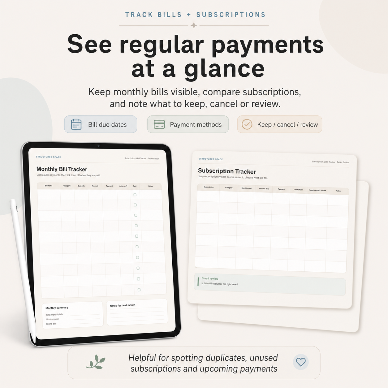 Bills & Subscription Tracker — bill payment log and upcoming bills overview page