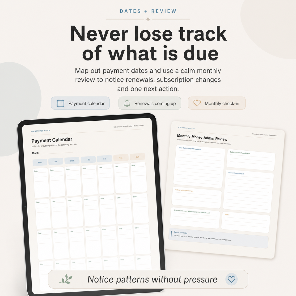Bills & Subscription Tracker — calm layout for tracking direct debits and standing orders without stress