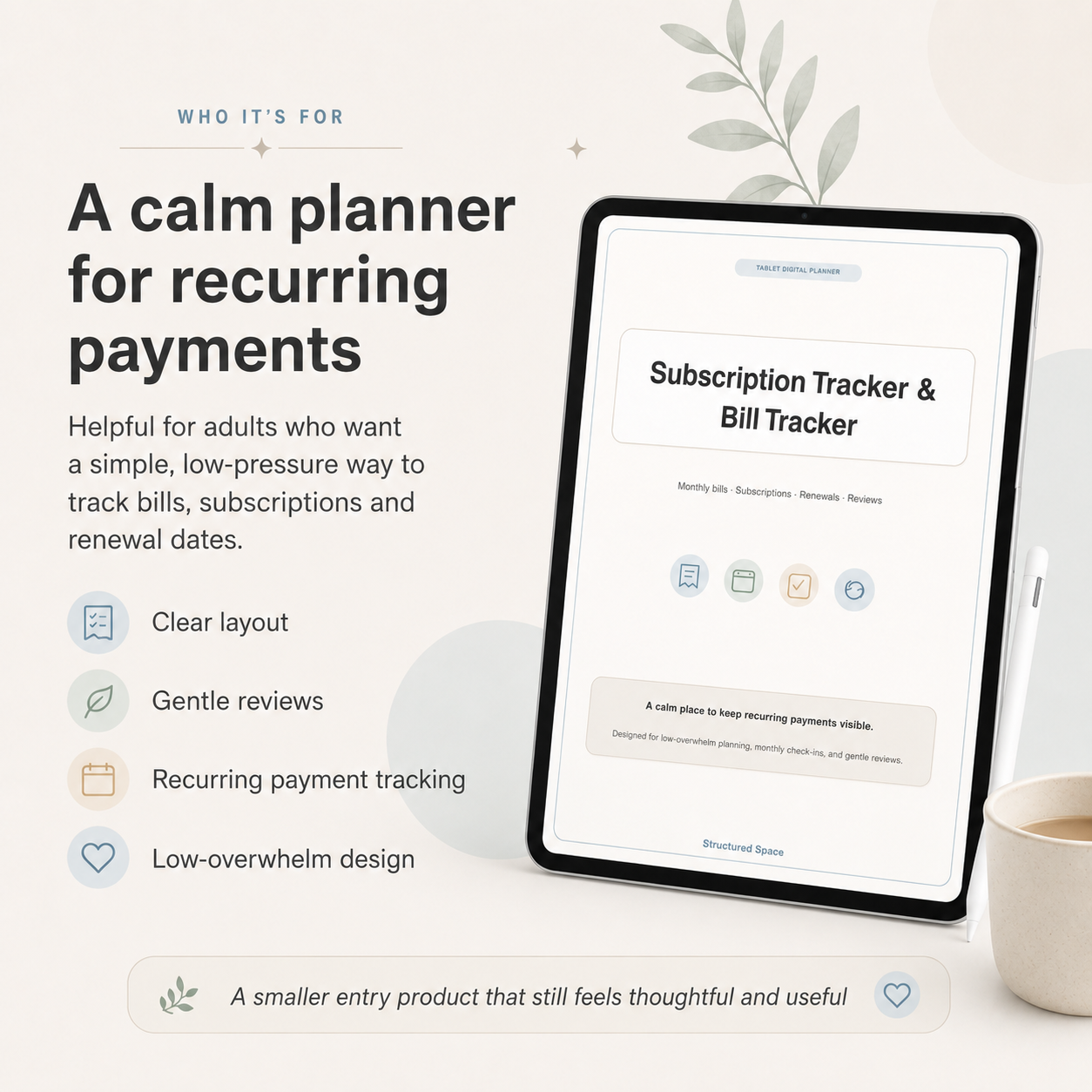 Bills & Subscription Tracker by Structured Space — digital money admin planner for bills, subscriptions, and renewals