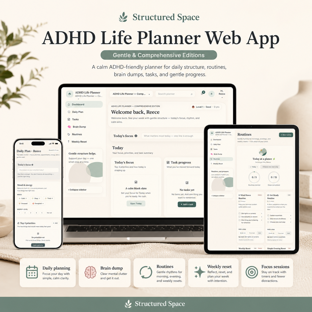 ADHD Life Planner Web App by Structured Space — ADHD-friendly digital planner for adults, accessible from any browser